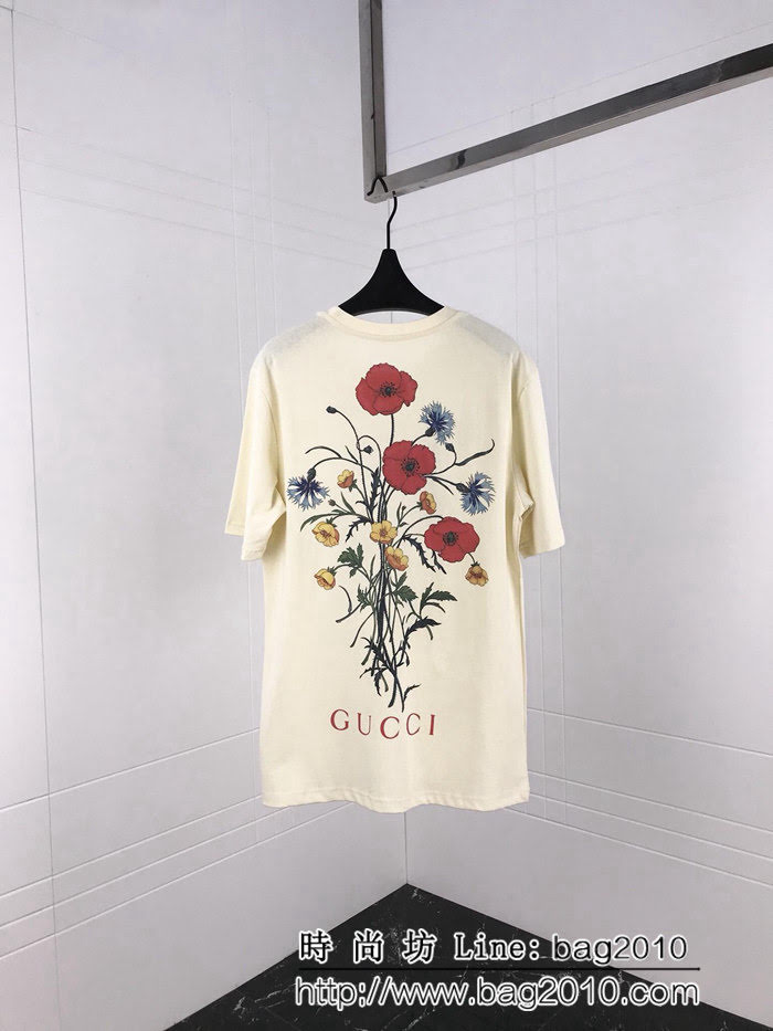 GUCCI古馳 19ss春季新款 人物吹嗩呐 後背花朵印花圖案 純棉汗布短袖 男女同款 ydi1735